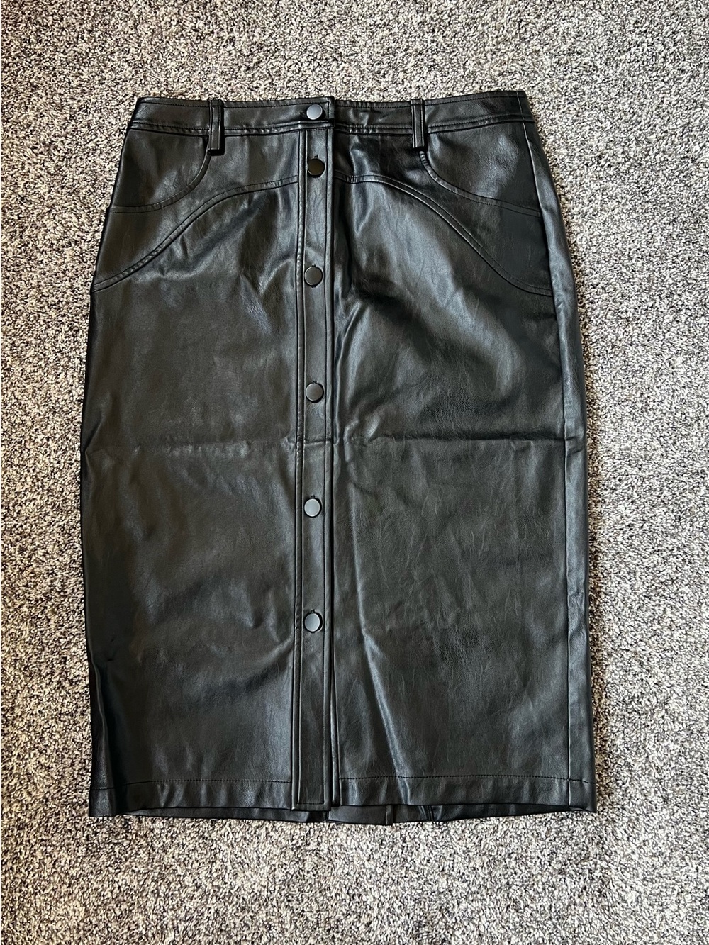 LBV Black Faux Leather Button-Front Pencil Skirt Sz 10 NWT